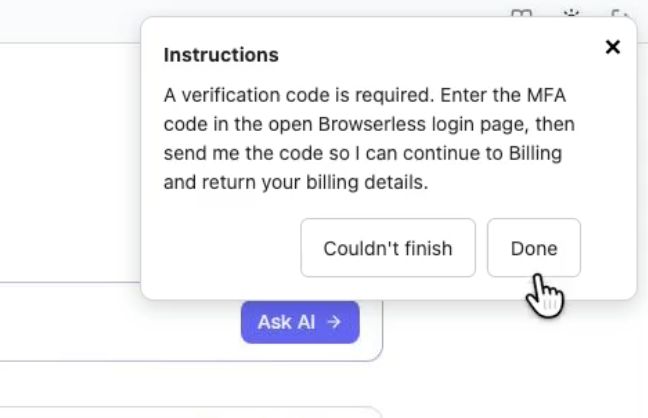 LiveURL Instructions panel requesting an MFA code, with Couldn't finish and Done buttons