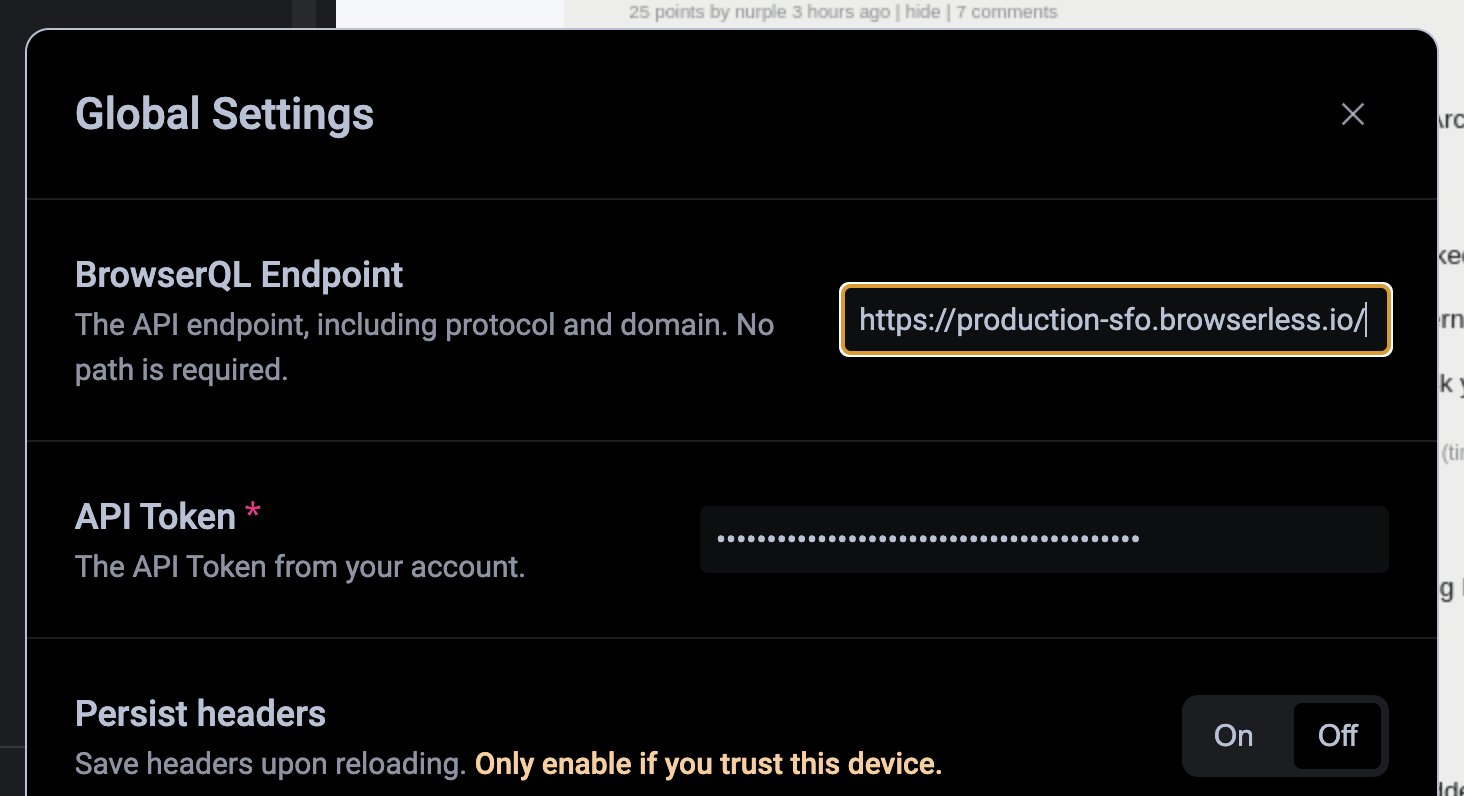 BrowserQL Settings Panel