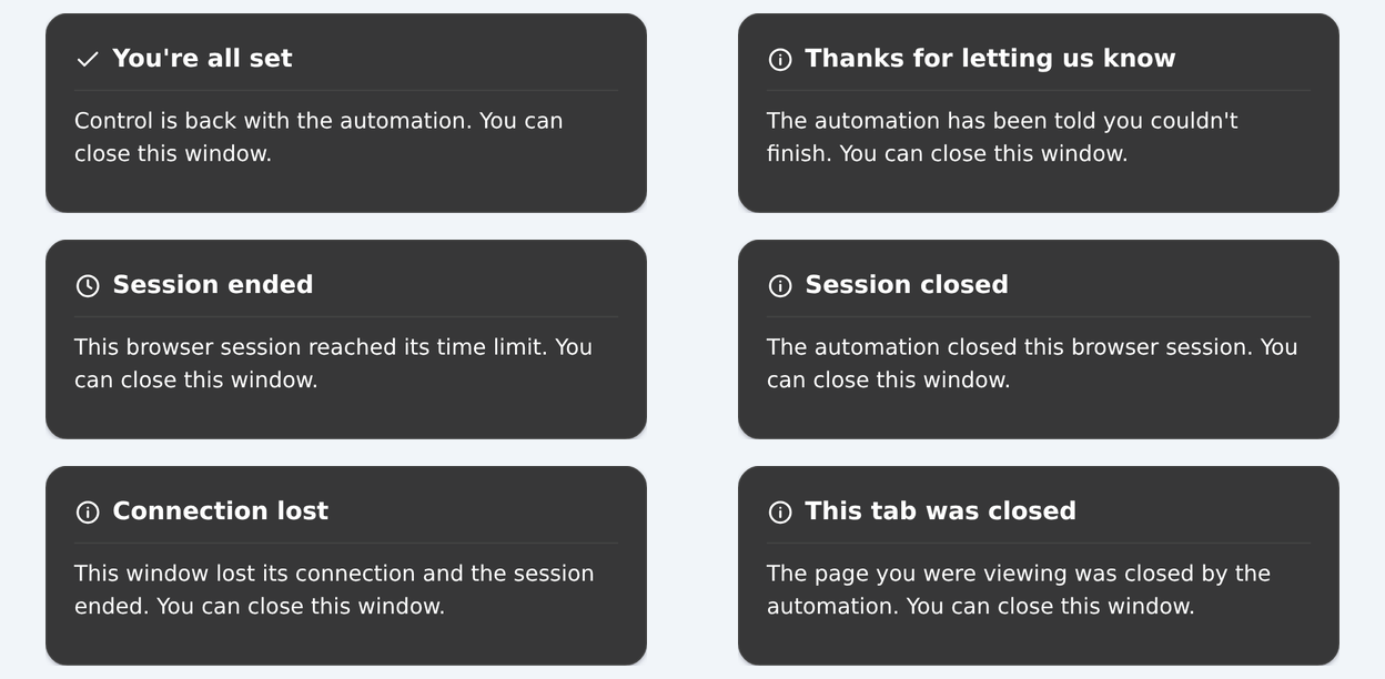 Ending screens: You're all set, Thanks for letting us know, Session ended, Session closed, Connection lost and This tab was closed