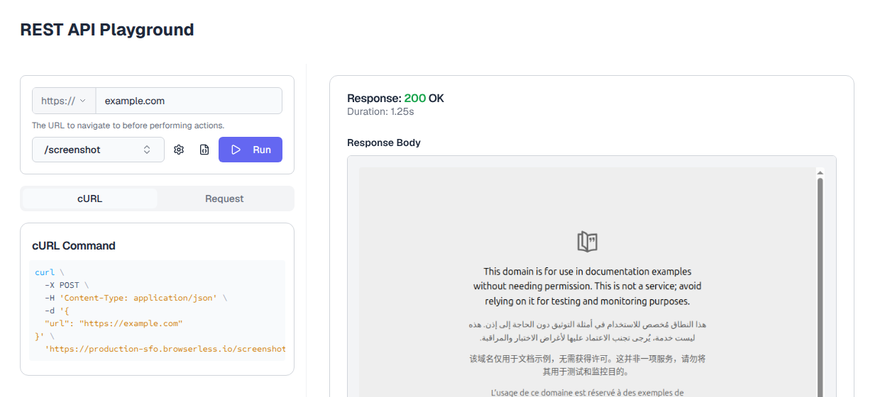 REST API Playground after running the /screenshot endpoint against example.com, showing the cURL command and a 200 OK response with the rendered screenshot
