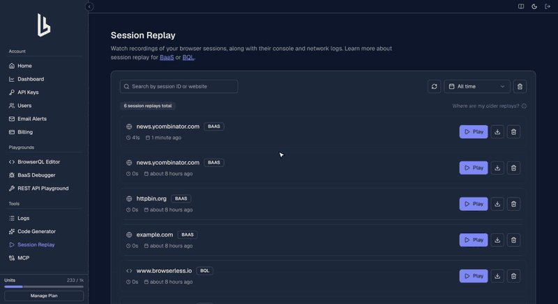 Session Replay page in the Browserless dashboard filtering recorded sessions by website, then playing back a recorded session in the replay player