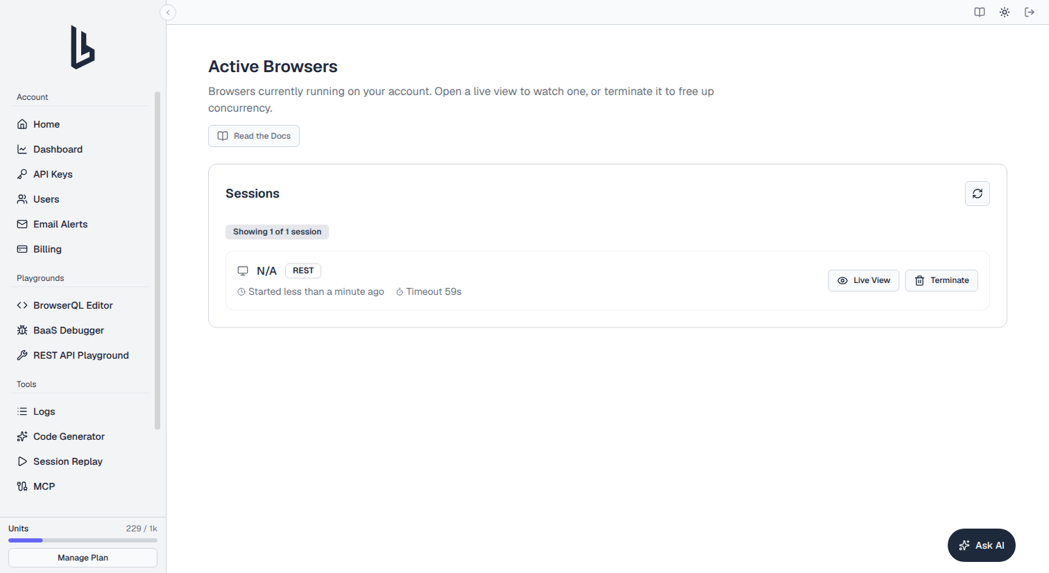 Active Browsers page showing a running session with its start time, timeout, and Live View and Terminate buttons