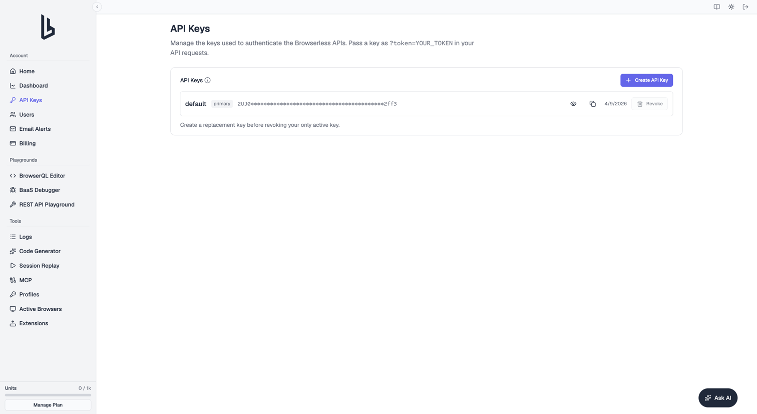 API Keys page listing tokens with their names, creation dates, and revoke buttons