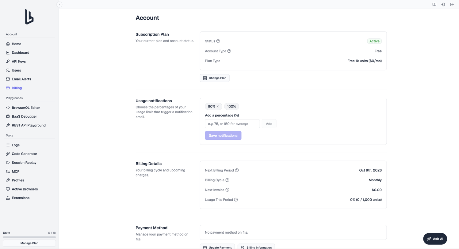 Billing page showing the subscription plan, usage notifications, and billing details