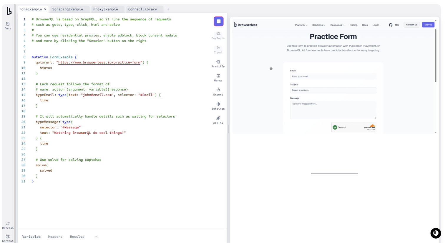 BrowserQL editor with a query, live browser view, and response panel