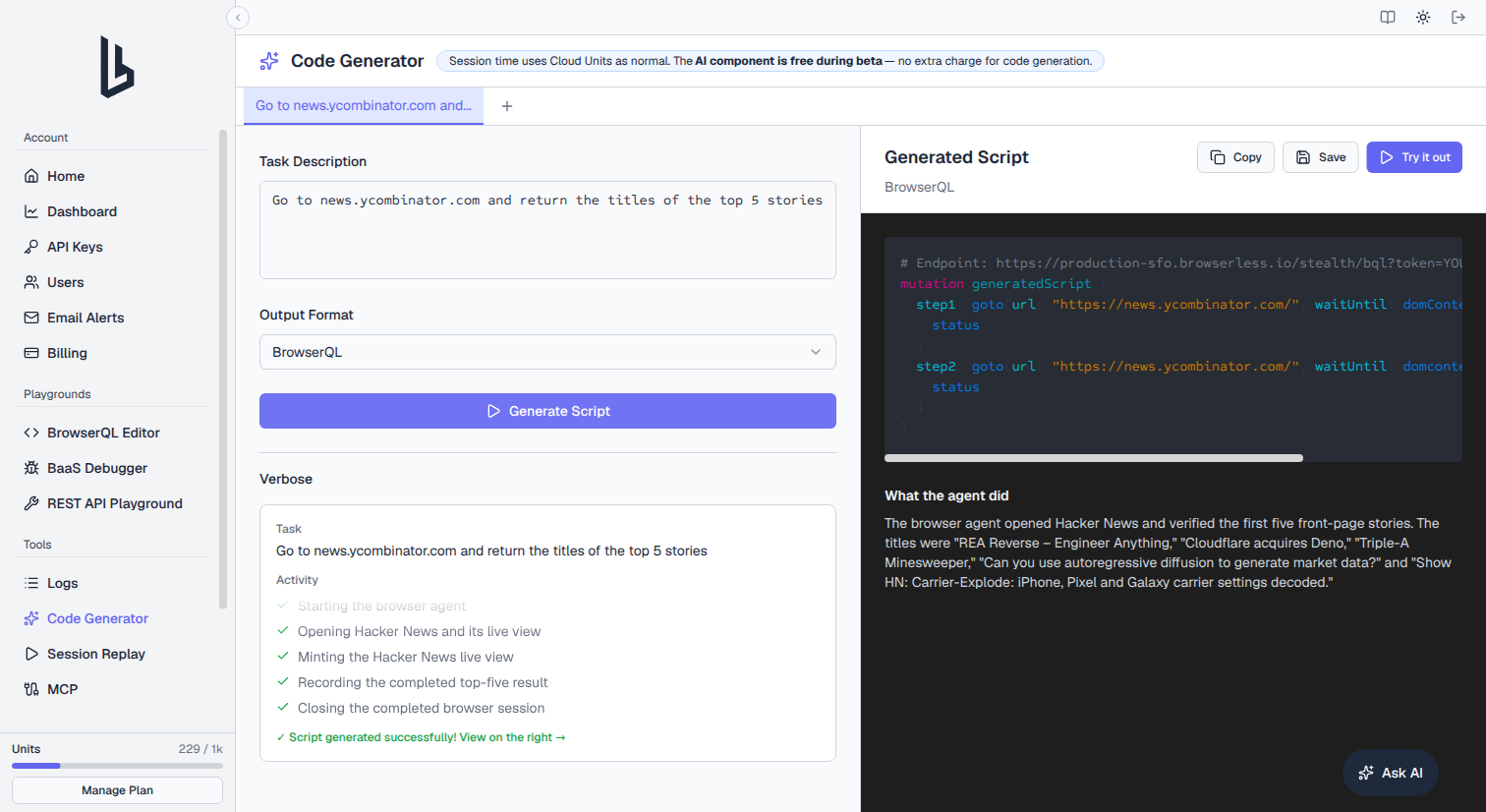 Code Generator page after generating a BrowserQL script from a plain-language task, showing the agent activity log and the generated script