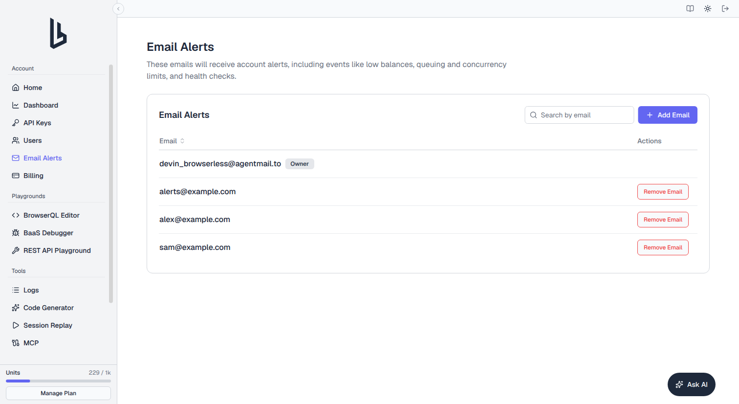 Email Alerts page listing the account owner and additional alert email addresses with Remove Email buttons