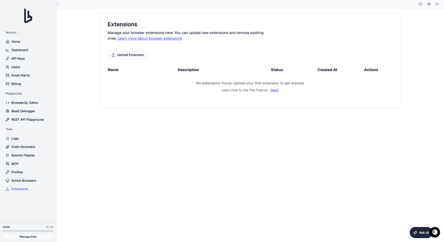 Extensions page listing uploaded Chrome extensions