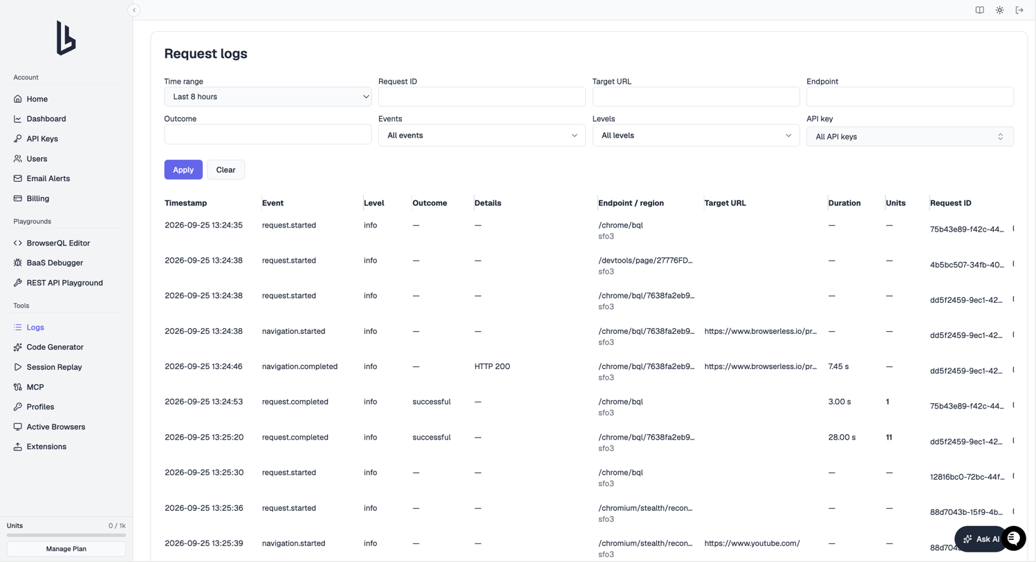 Logs page with filters and a table of request events