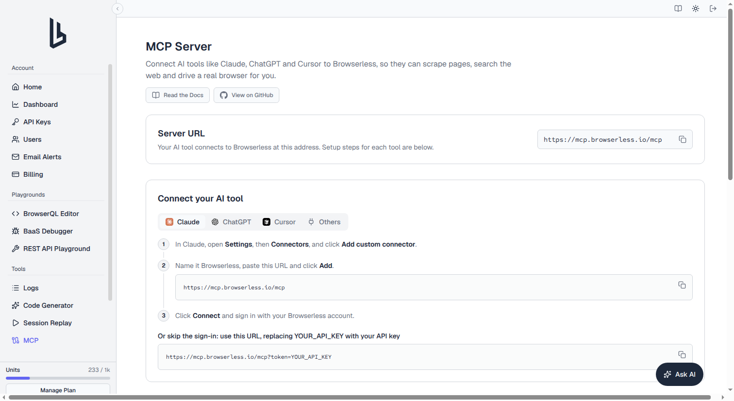 MCP Server page showing the server URL and step-by-step setup for connecting Claude, with tabs for ChatGPT, Cursor, and other AI tools