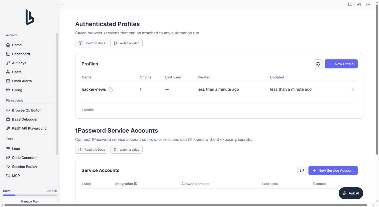 Authenticated Profiles page with a saved profile in the Profiles table and the 1Password Service Accounts section below