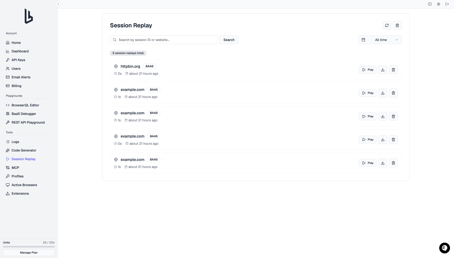 Session Replay page listing recorded sessions with search and date filters