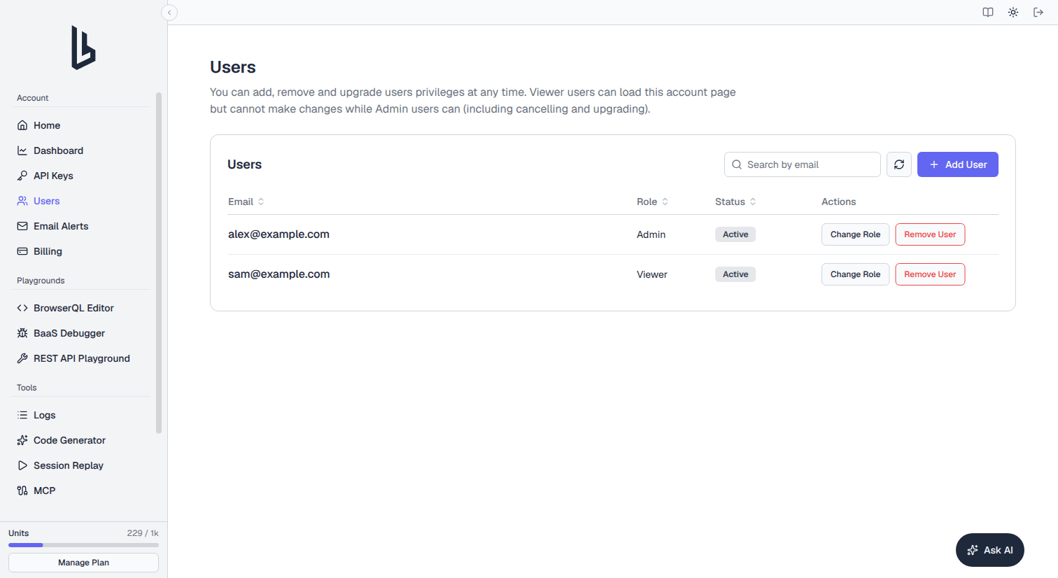 Users page listing an Admin and a Viewer teammate with their roles, Active status, and Change Role and Remove User actions