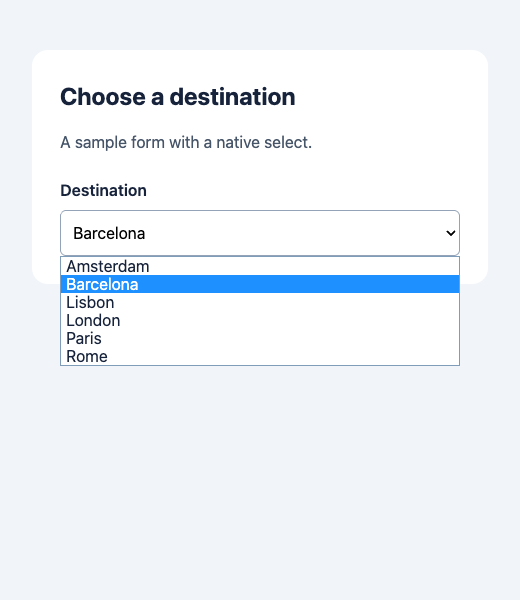 Default white replacement dropdown with Barcelona highlighted in blue