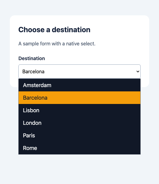 Dark replacement dropdown with larger options and Barcelona highlighted in amber